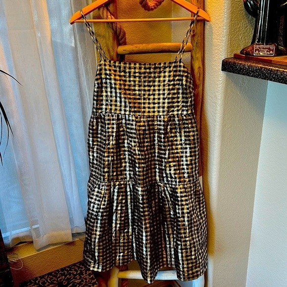 J Crew Lurex Black Gold tired gingham adjustable straps stretch back dress sz 8 - Picture 11 of 11